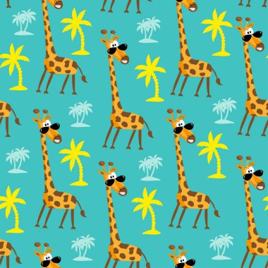 Turkuaz renkli arka planda kusursuz çizgi film zürafası deseni. Tekstil baskısı, kapak, duvar uygulaması ve ambalaj kağıdı için iyidir..