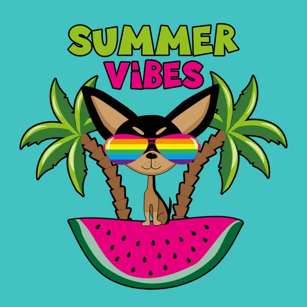 Yaz titreşimleri - karpuz diliminde serin chihuahua sosisi. Tişört baskısı, poster, kart, etiket, seyahat seti için iyi