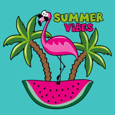 Summer Vibes - karpuz diliminde güzel flamingo. Tişört baskısı, poster, kart, etiket, seyahat seti için iyi.