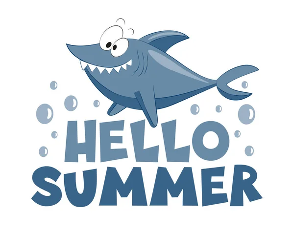 こんにちは夏のことわざ バブルとかわいい漫画のサメ Tシャツプリント ポスター カード ラベル その他の装飾に適しています — ストックベクタ