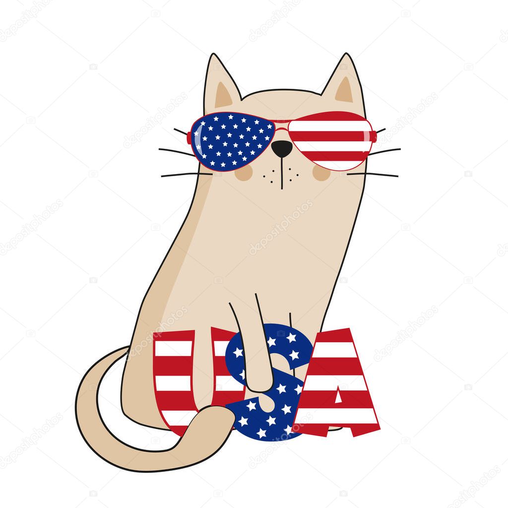 USA - Cool cat in american flag sunglasses. Hand drawn vector illustration. Good for T shirt print, poster, card, label, and other gifts design.