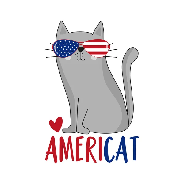 Americat Chat Mignon Avec Des Lunettes Soleil Joyeuse Fête Indépendance — Image vectorielle