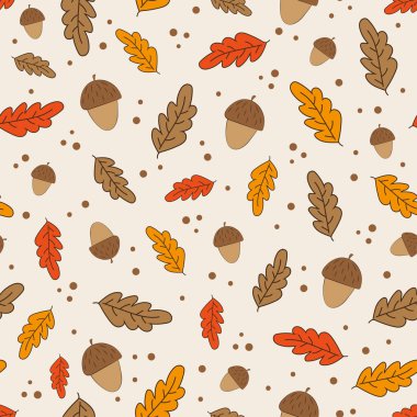 Sonbahar pürüzsüz bir desen bırakır. El çizimi meşe yaprağı ve meşe palamudu bej rengi arka planda.