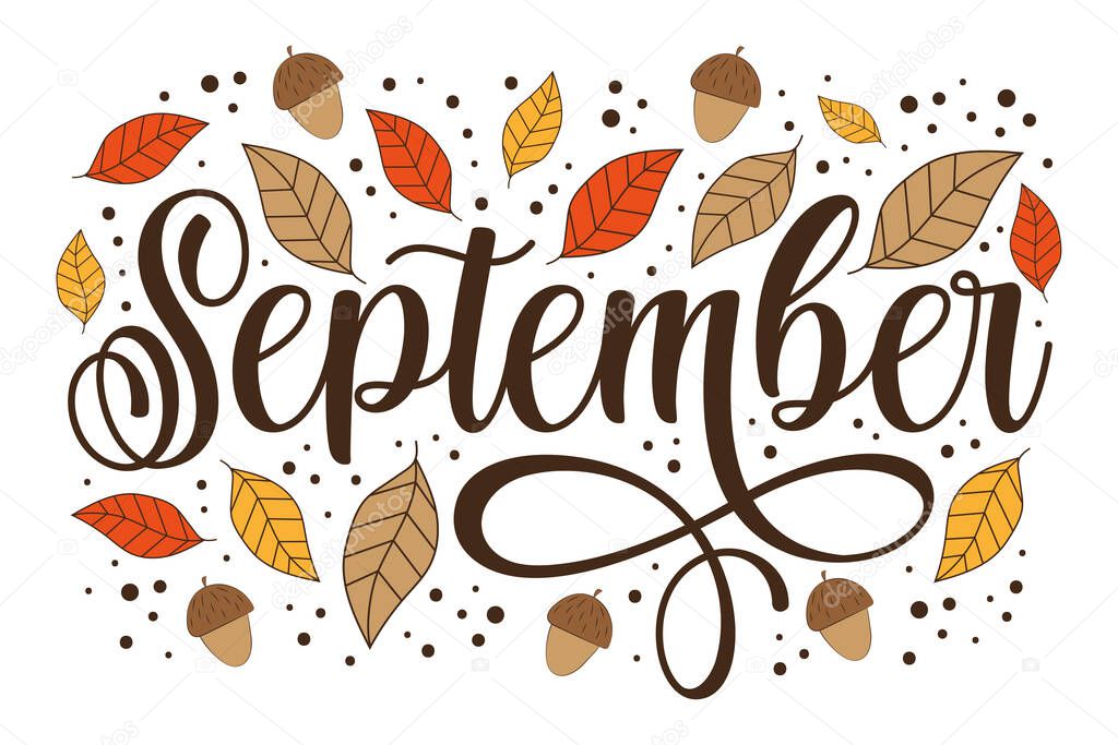 September - autumnal greeting with hand drawn leaves and acorns. 
