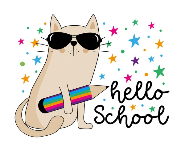 Hallo Schule Fröhlicher Gruß Mit Cooler Katze Und Bleistift Zurück — Stockvektor