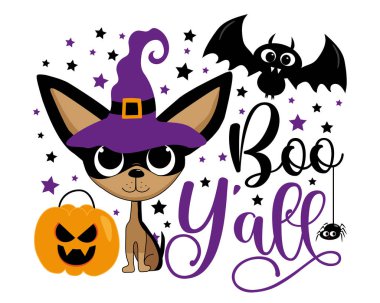 Cadı şapkalı şirin bir chihuahua köpeği. Mutlu yarasa, örümcek ve bal kabağı surat. Çizgi film Cadılar Bayramı tasarımı.