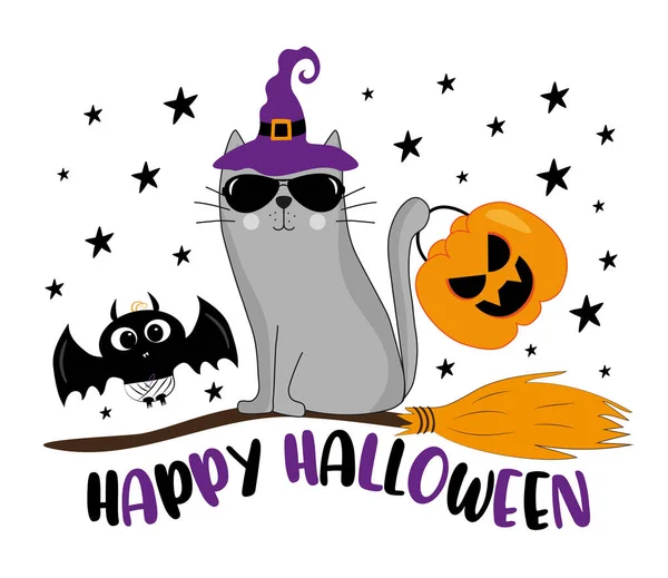 Happy Halloween Funny Cat Witch Hat Broom Cute Baby Bat — Stock Vector