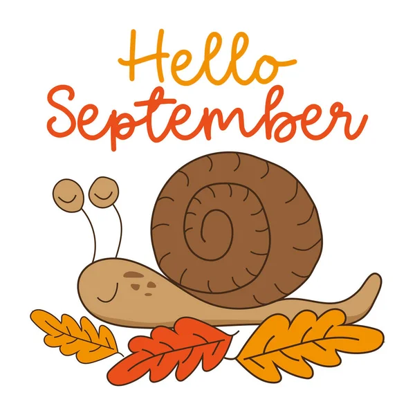 Hello September Autumnal Greeting Cute Hand Drawn Snail Leaves — Stockový vektor