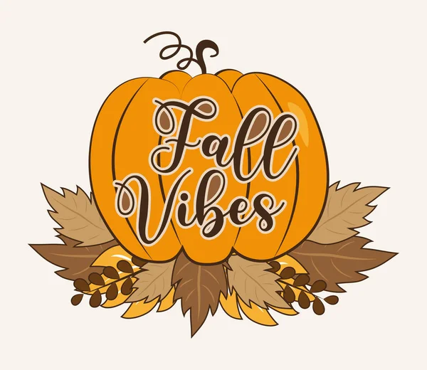 Fall Vibes Autumnal Decoration Pumpkin Leaves Isolated Beige Background — Stockvektor