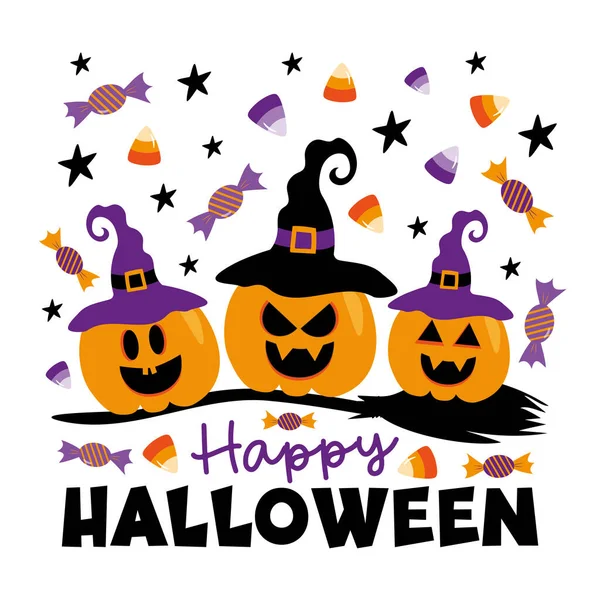 Happy Halloween Scary Pumpkins Witch Hat Broom Candy Corn Sweets — Stok Vektör