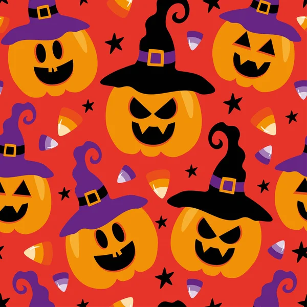 Scary pumpkins in witch hat, candy corn, sweets, and stars on orange color background. Seamless pattern for Halloween.