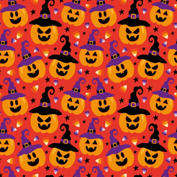 Scary Jack Lantern Face Witch Hat Candy Corn Seamless Pattern — Archivo Imágenes Vectoriales