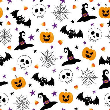 Skull, bat, pumpkin, witch hat, spider web, candy corn seamless pattern on whie background. Happy design for Halloween.