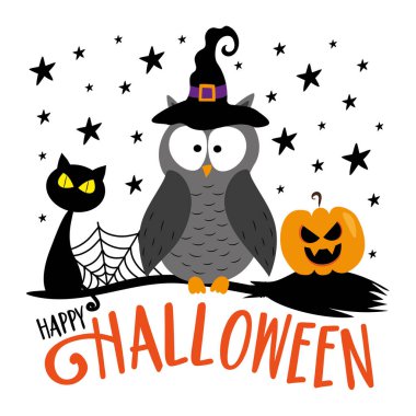Happy Halloween  - Cartoon black cat, owl in witch hat, and pumpkin face in broomstick. Good for greeting card, poster, T shirt print, and other decoration for Halloween.