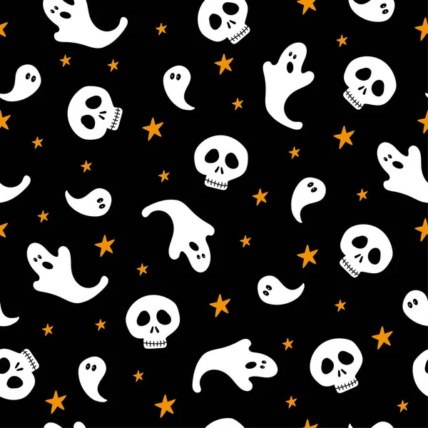 Φαντάσματα Και Κρανίο Χωρίς Ραφή Μοτίβο Μαύρο Φόντο Για Halloween — Διανυσματικό Αρχείο