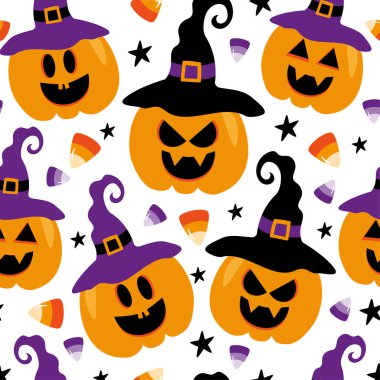 Scary pumpkins in witch hat, candy corn, sweets, and stars. Seamless pattern for Halloween.