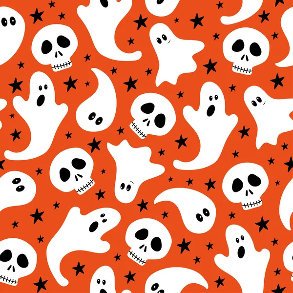 Hand Drawn Ghosts Skull Seamless Pattern Orange Color Background Halloween — Vettoriale Stock
