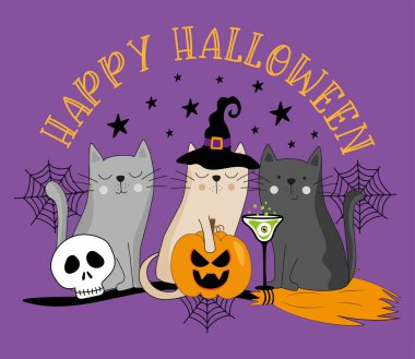 Cadılar Bayramı 'nız kutlu olsun. El yapımı cadı kediler, korkunç kafatası, balkabağı ve süpürge iksiri. Mor arkaplana yayılmış. 