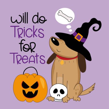 Will do tricks for treats - funny slogan with cute dog in witch hat. Pumpkin and skull graphic design for Halloween. clipart