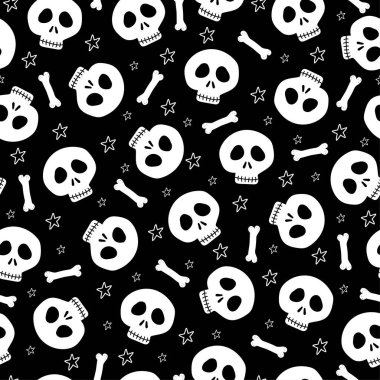 Siyah arka planda kafatası ve kemikler kusursuz. Tekstil baskısı, ambalaj kağıdı, duvar kağıdı, arkaplan ve diğer dekorasyonlar için iyidir..