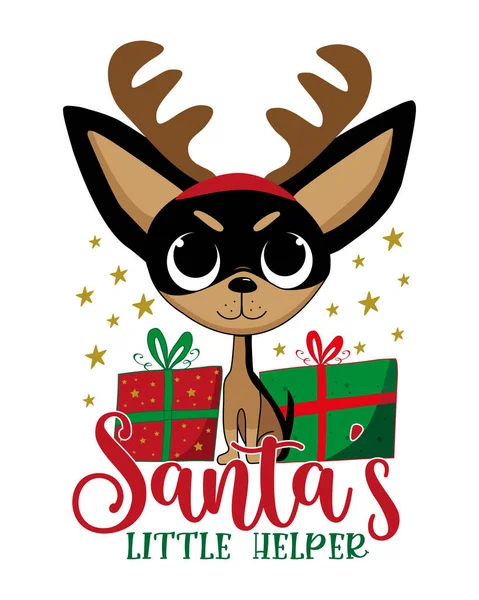 Pequeño Ayudante Santa Lindo Perro Chihuahua Reno Con Regalos Navidad — Vector de stock