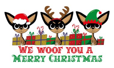 Size mutlu Noeller diliyoruz Noel Baba, ren geyiği ve Noel hediyeli elf chihuahua köpekleri. Tebrik kartı, poster, tişört baskısı ve Noel için diğer hediye tasarımları için iyidir..