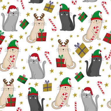 Noel Baba şapkalı komik kediler, geyik şapkalı geyik boynuzları pürüzsüz desenli. Şeker kamışı ve Noel hediyeleri. Tekstil baskısı, ambalaj, kapak ve diğer dekorasyonlar için iyidir..