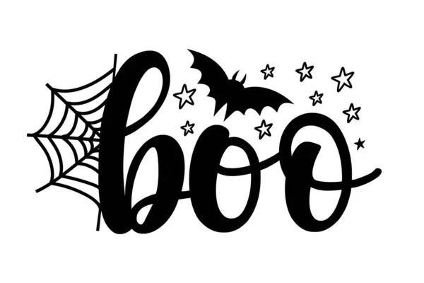 Boo Καλλιγραφία Σχεδιασμό Woth Αράχνη Web Και Νυχτερίδα Σιλουέτα Και — Διανυσματικό Αρχείο