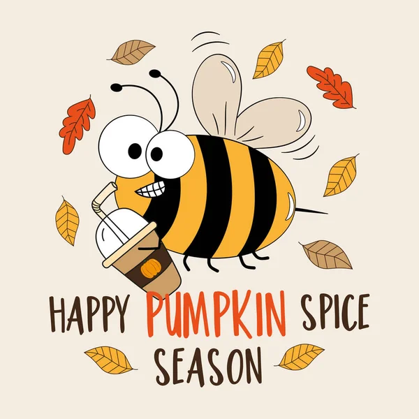 Šťastná Sezóna Dýňového Koření Vtipná Včela Šálkem Koření Podzimními Listy — Stockový vektor