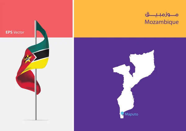 Bandeira Moçambique Sobre Fundo Branco Mapa Moçambique Com Posição Capital — Vetor de Stock