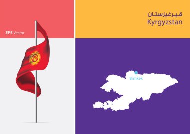 Kırgızistan bayrağı beyaz arka planda. Başkent konumunda Kırgızistan haritası, Bishkek. Arapça 'da 
