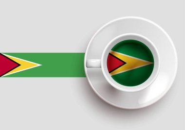 Guyana bayrağı, üst manzaralı lezzetli bir kahve fincanı ve eğimli bir arka planı var. Sıcak içecek witH Guyana bayrağı, vektör illüstrasyonu.