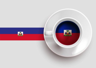 Haiti bayrağı, üst tarafında lezzetli bir kahve fincanı ve gradyan arka planı var. Haiti bayrağıyla sıcak içecek, vektör illüstrasyonu.