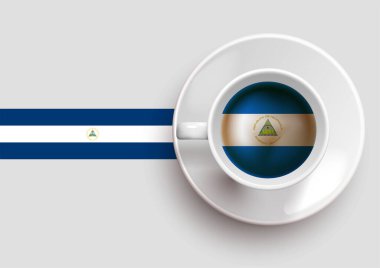 Nikaragua bayrağı, üst tarafında lezzetli bir kahve fincanı ve eğimli bir arka planı var. Nikaragua bayrağıyla sıcak içecek, vektör illüstrasyonu.