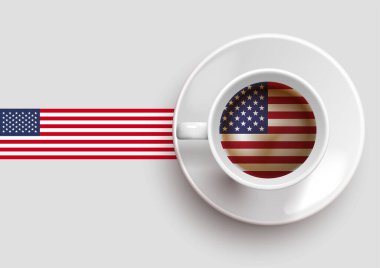 Amerika Birleşik Devletleri bayrağı. Üstten bakınca lezzetli bir kahve fincanı ve eğimli bir arka planı var. Amerika Birleşik Devletleri bayraklı sıcak içecek, vektör illüstrasyonu.