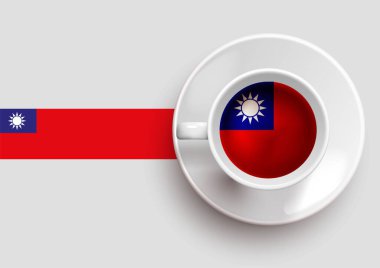 Taiwan bayrağı, üst tarafında lezzetli bir kahve fincanı ve eğimli bir arka planı var. Tayvan bayrağıyla sıcak içecek, vektör illüstrasyonu.