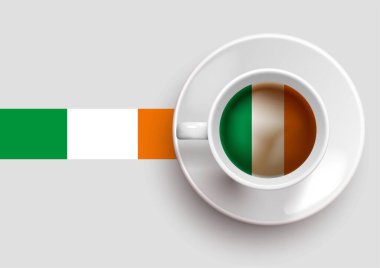 İrlanda bayrağı, üst manzaralı lezzetli bir kahve fincanı ve eğimli bir arka plan. İrlanda bayraklı sıcak içecek, vektör illüstrasyonu. 