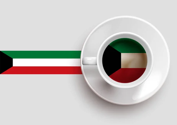 Koeweit Vlag Met Een Lekkere Koffiekop Bovenaanzicht Een Gradiënt Achtergrond — Stockvector