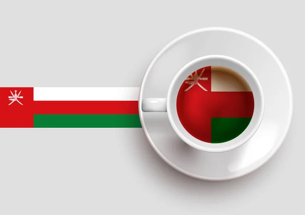 Oman Vlag Met Een Lekkere Koffiekop Bovenaanzicht Een Gradiënt Achtergrond — Stockvector