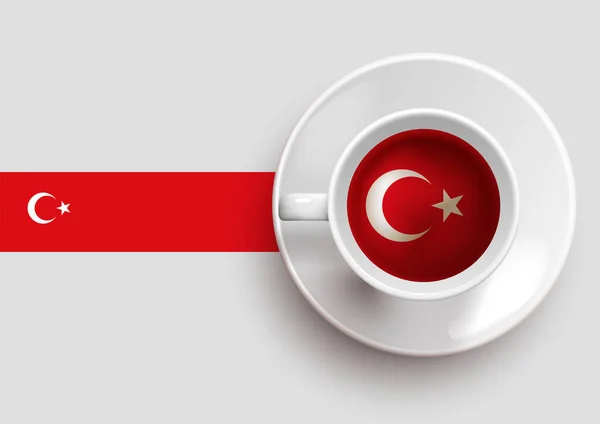 トップビューに美味しいコーヒーカップとグラデーションの背景を持つトルコのフラグ トルコの国旗とホットドリンク ベクトルイラスト — ストックベクタ