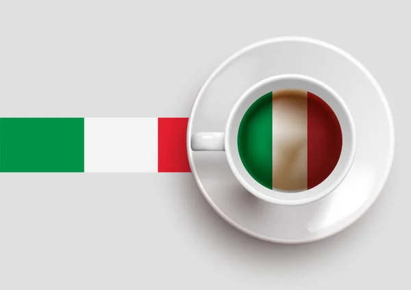 トップビューに美味しいコーヒーカップとグラデーションの背景を持つイタリアのフラグ イタリアの国旗とホットドリンク ベクトルイラスト — ストックベクタ