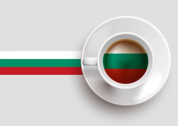 Bulgarije Vlag Met Een Smakelijke Koffiekop Bovenaanzicht Een Gradiënt Achtergrond — Stockvector