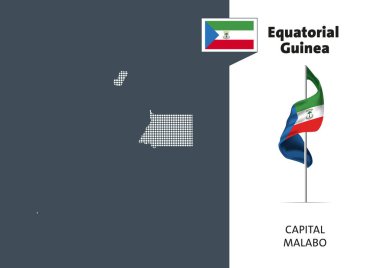 Flag of Equatorial Guinea on white background. Dotted map of Equatorial Guinea with Capital name - Malabo.