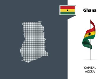 Beyaz arka planda Gana bayrağı. Gana 'nın başkent adı Accra olan noktalı haritası.