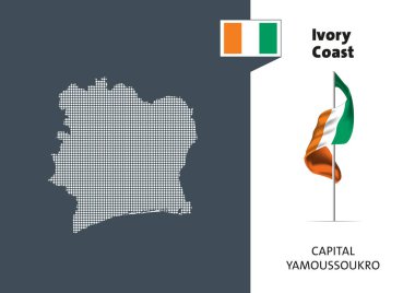 Flag of Ivory Coast on white background. Dotted map of Ivory Coast with Capital name - Yamoussoukro.