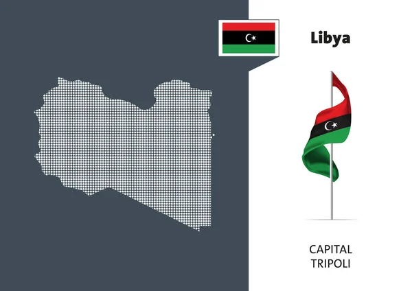 Flag Libya White Background Dotted Map Libya Capital Name Tripoli —  Vetores de Stock