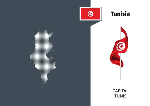 Flag Tunisia White Background Dotted Map Tunisia Capital Name Tunis —  Vetores de Stock