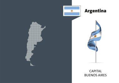 Beyaz arka planda Arjantin bayrağı. Başkenti Buenos Aires olan Arjantin 'in noktalı haritası.