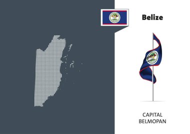 Beyaz arka planda Belize bayrağı. Belmopan Belmopan isimli Belize 'nin noktalı haritası.