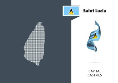 Beyaz arka planda Saint Lucia bayrağı. Azize Lucia 'nın büyük harfli benekli haritası..
